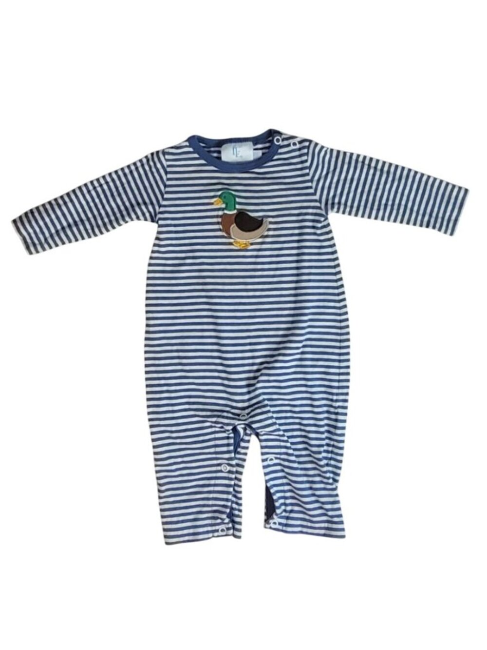 Little English Romper Blue Stripe 6M Mallard Duck Snaps Long Sleeve 100% Cotton